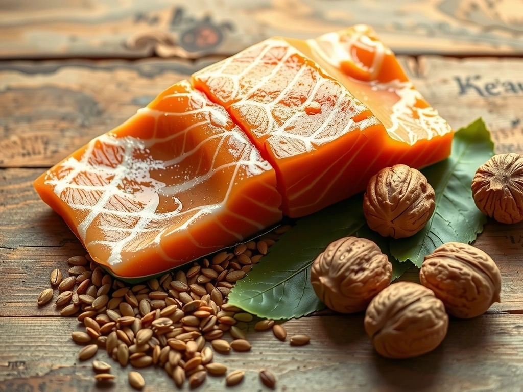 Assortiment de sources d'oméga-3 : saumon frais, graines de lin et noix