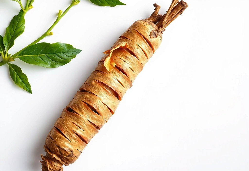 Racine de Ginseng asiatique, riche et texturée, sur un fond blanc pur.