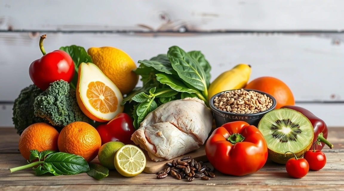 Assortiment coloré de fruits, légumes, viande et céréales sur une table en bois